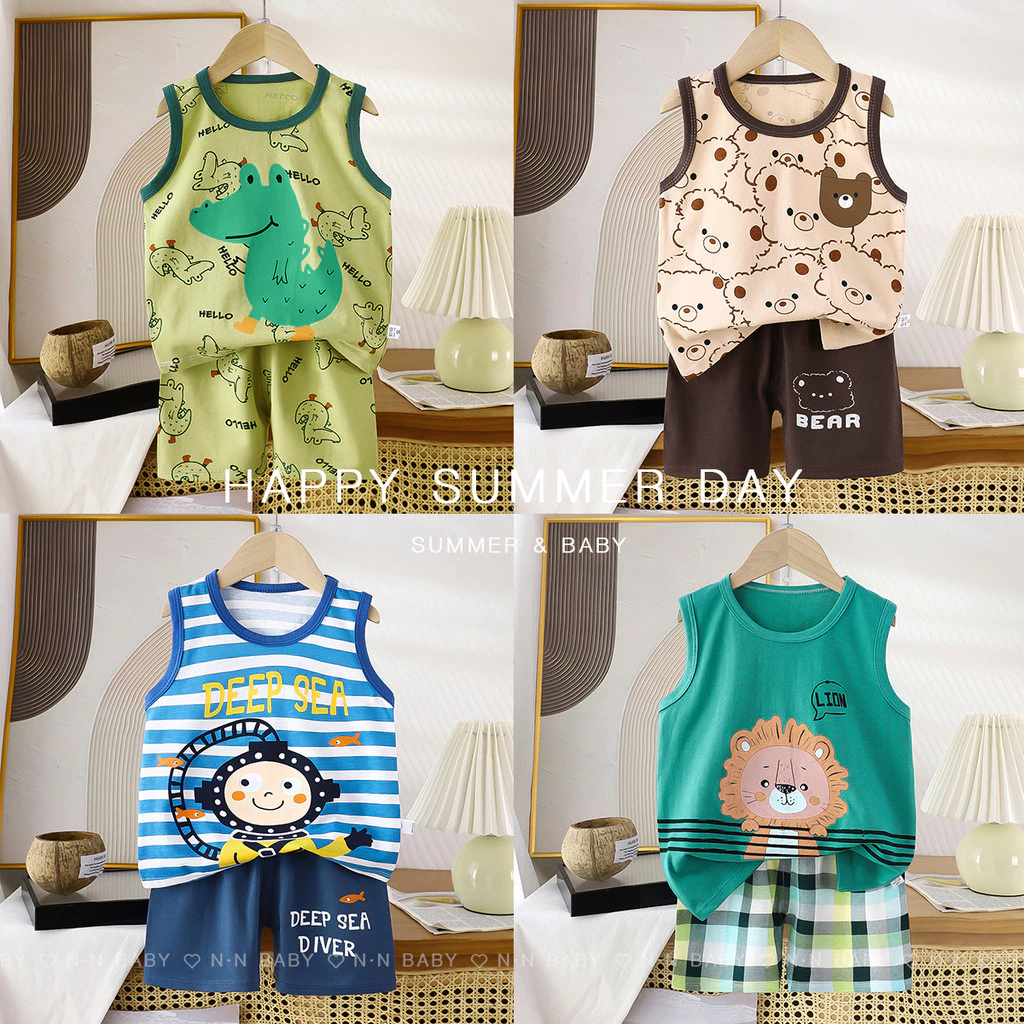ชุดกร้ามเด็ก ชุดเด็ก 2 ชิ้น เสื้อกร้ามหน้าร้อน เนื้อผ้าcotton พิมพ์ลายสัตว์ สำหรับเด็กเล็ก BXT28