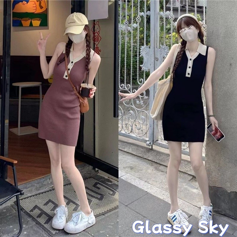 Glassy Sky💖พร้อมส่💖(Y2607)ชุดเดรสไหมพรม คอปกแขนกุด ทรงเอรัดรูปใส่สบาย