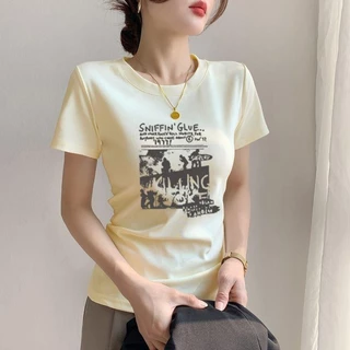 สไตล์ใหม่ของผู้หญิงเสื้อยืด ทรงสลิม แขนสั้น ทำจากผ้าฝ้าย พิมพ์ลายฤดูร้อนใหม่ ท๊อป