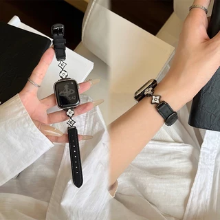 Nistar Lucky ดอกไม้สี่ใบโลหะตกแต่งสําหรับ Apple watch Ultra 2 S10 9 8 7 6 5 4 3 2 1,Luxury หนัง smart watch band สําหรับ iWatch 49 มม.46/45/44/42 มม.40 มม.38 มม.