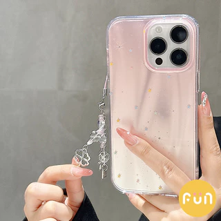 เกาหลีเลเซอร์ Star Gradation สีชมพูโทรศัพท์มือถือสําหรับ iPhone 16 15 14 13 Pro Max 15Promax พร้อมจี้โคลเวอร์สี่ใบ IMD กันกระแทกปลอก