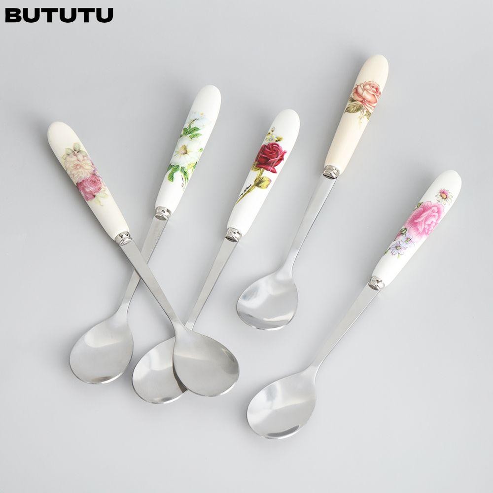 Bututu ช้อนกาแฟเซรามิค ลายดอกกุหลาบ ช้อนชา