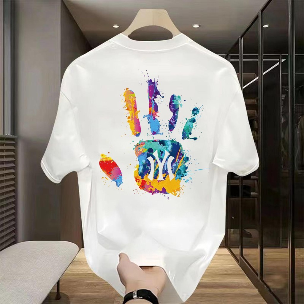 Y-T เสื้อยืดไซส์ใหญ่ ผ้าฝ้าย100% เสื้อยืดคอกลม ลายพิมพ์ "Colored palms IYI" อเมริกันย้อนยุค สวมใส่สบาย ยูนิเซ็กส์
