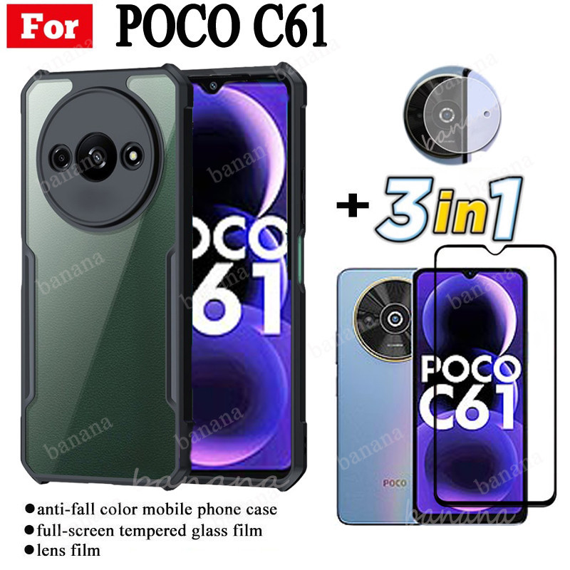 3 IN 1 Poco C61 เคสโทรศัพท์มือถือป้องกันการล่มสลายสําหรับ Poco C65ฟิล์มกระจกนิรภัย + ฟิล์มเลนส์
