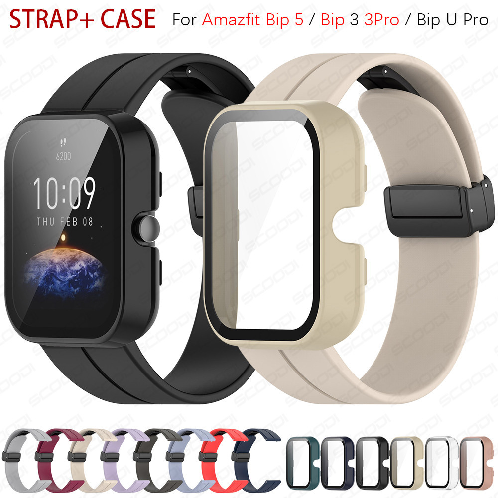 สายรัดซิลิโคนหัวเข็มขัดแม่เหล็กพร้อมเคสกระจก PC สําหรับ Huami Amazfit Bip 5 Bip / Bip 5 unity / 3 3pro U Pro สร้อยข้อมือซิลิโคนอ่อนนุ่ม band cover