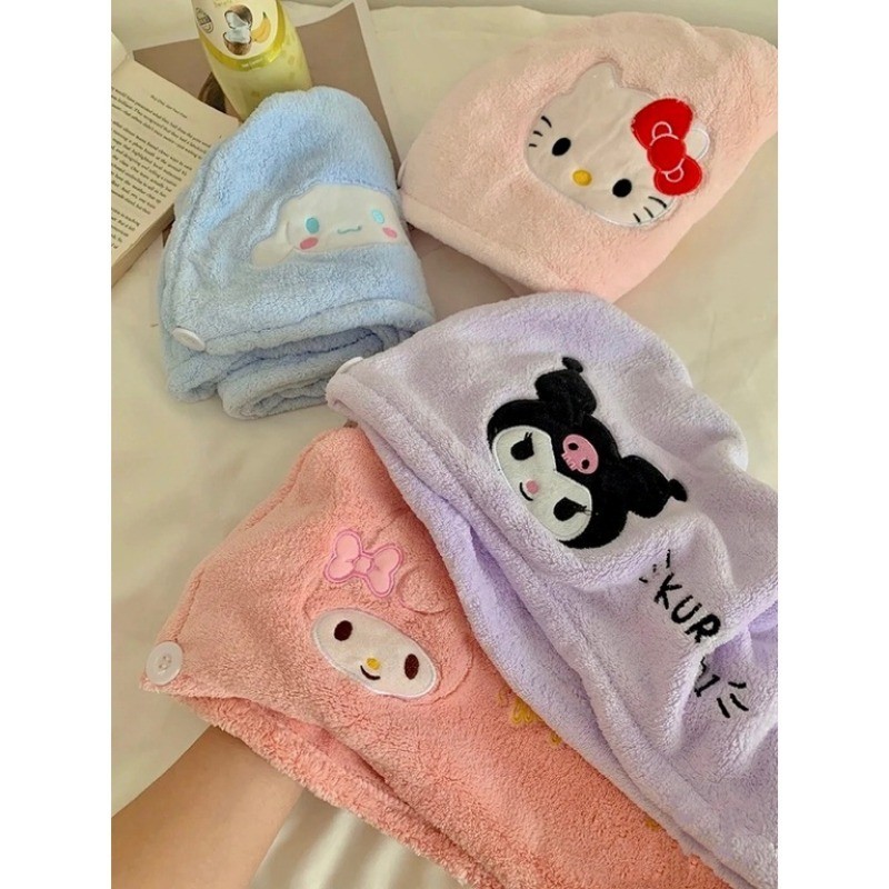 หมวกคลุมผมแห้ง Sanrio Hello Kitty My Melody Kuromi เย็บปักถักร้อย ดูดซับผมแห้ง หมวกสามเหลี่ยม สุภาพสตรี ผ้าขนหนูผมยาว หมวกอาบน้ํา