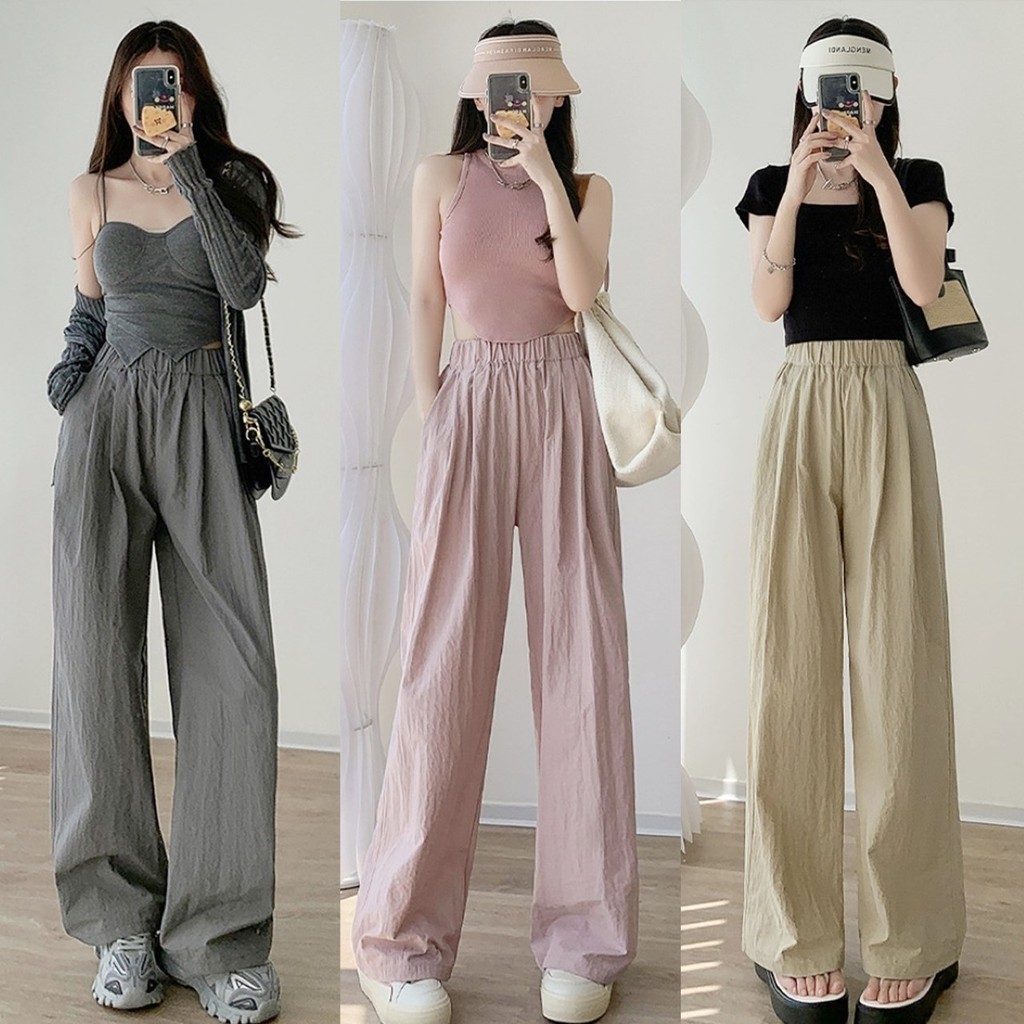 ราคาถูกที่สุด กางเกงขายาว ทรงใหญ่เท่ๆ จีบหน้า เอวยางยืด สีพื้นหลายสีให้เลือก