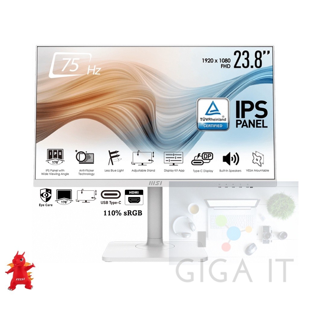 MSI Monitor รุ่น MD241PW 23.8" (Full HD, IPS, Type-C, HDMI, SPK) 75Hz, 5ms ประกันศูนย์ 3 ปี
