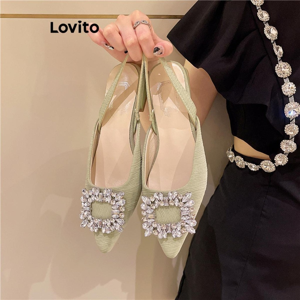 (Lovito Refine) รองเท้ารัดส้นผู้หญิง ส้นเตี้ย แต่งพลอยเทียม สีเรียบ สไตล์หรูหรา LFA22026