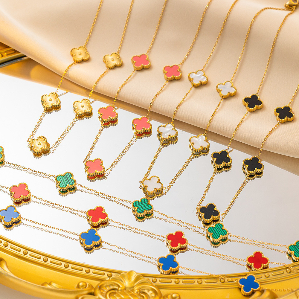 Yinuovo สแตนเลสสีกันน้ําเป็นโคลเวอร์สี่ใบห้าดอกไม้สองด้าน fritillaria สร้อยคอเครื่องประดับผู้หญิงความรู้สึกสูง ของขวัญ