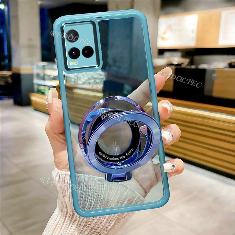 กรณี VIVO Y21 Y21S Y21A Y33S Y33T ออกแบบใหม ่ ผู ้ ถือขาตั ้ งแม ่ เหล ็ กโปร ่ งใสปลอก VIVO Y21 Y21S Y21A Y33S Y33T Ultra Thin Clear Soft เคสโทรศัพท ์ กล ้ องเลนส ์ ป ้ องกัน