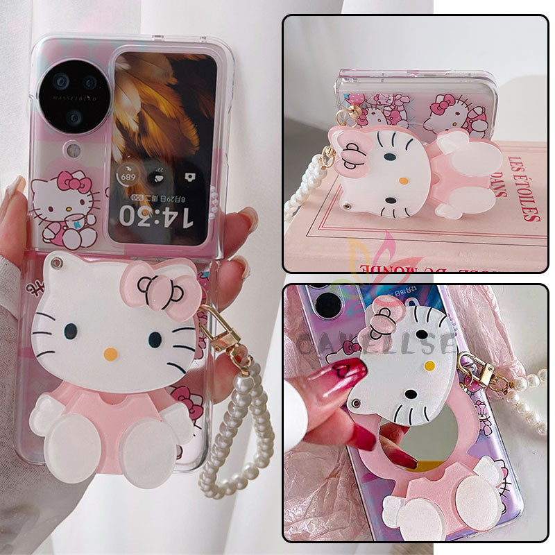 น ่ ารักการ ์ ตูนแมวพิมพ ์ แต ่ งหน ้ าผู ้ ถือกระจกสร ้ อยข ้ อมือโทรศัพท ์ เคส OPPO ค ้ นหา N2 N3 Flip Hard PC กันกระแทกฝาครอบด ้ านหลัง