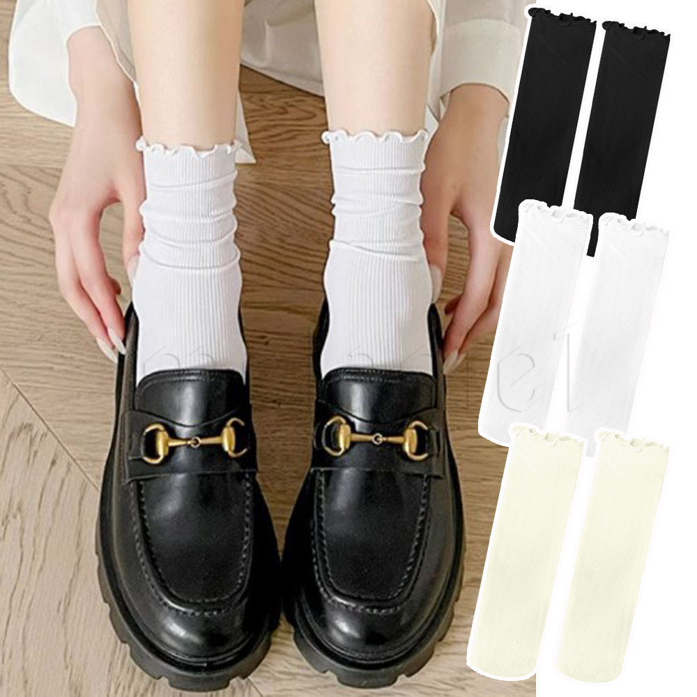 น ่ ารักไม ้ ขอบหู Pile กลางถุงเท ้ า - ผู ้ หญิง INS สไตล ์ Kawaii ถุงเท ้ า - Breathable, Light - สีทึบ Ruffles Harajuku ถุงเท ้ าน ่ ารัก - เกาหลี Ruffles ถุงเท ้ าข ้ อเท ้ า