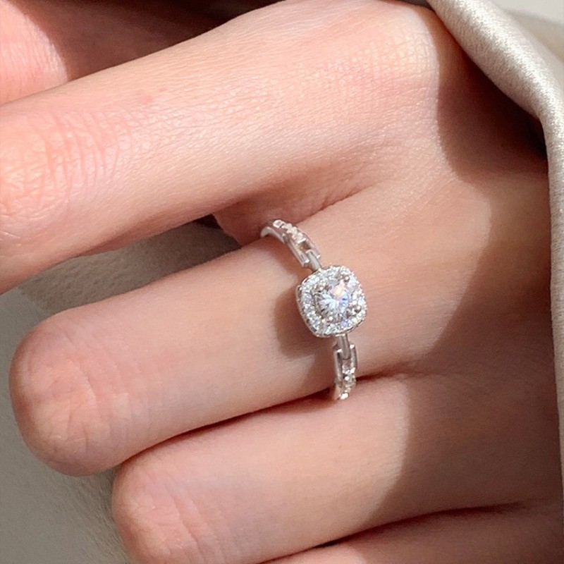 925 เงินเพทายโซ ่ สแควร ์ แหวนเพชรผู ้ หญิงคุณภาพสูง Gentle Exit Index Finger Simple ข ้ อเสนอแหวนอุปกรณ ์ เสริมของขวัญ