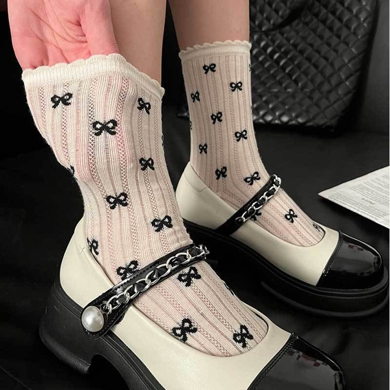 B22 Bowknot Polka Dot ถุงเท้าผู้หญิงกลางหลอดฤดูใบไม้ผลิฤดูร้อนโปร่งใสเนื้อ Lolita ถุงเท้าผู้หญิงกอง