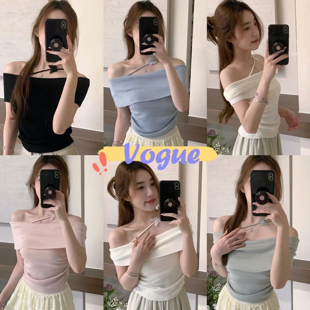 Vogue🌟พร้อมส่ง🌟 เสื้อไหล่เดียว เสื้อไหมพรมเปิดไหล่ สไตล์เกาหลีน่ารักๆ สีพาสเทล (BKD0468/E328)