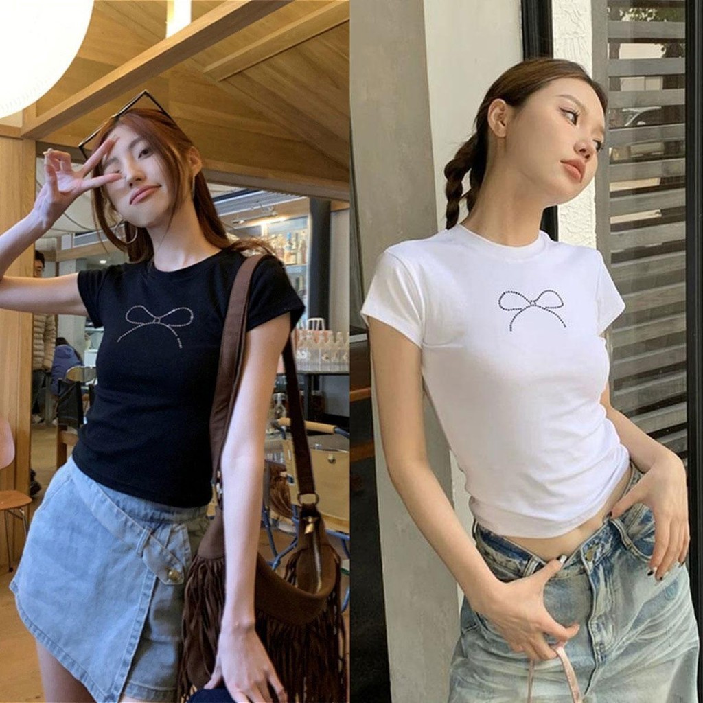 Grace 2633 เสื้อคอปเพชรโบว์ เสื้อยืดแฟชั่นผู้หญิง ดูผอมและเซ็คซี่ ผู้หญิง น่ารัก สไตล์ เท่ 2633
