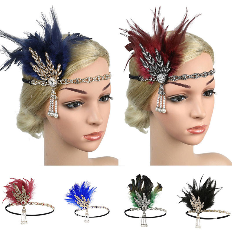 อุปกรณ ์ เสริมผมสีดํา Rhinestone ลูกปัดผม Band 1920s Vintage Party Headpiece ผู ้ หญิง Flapper Feather Headband