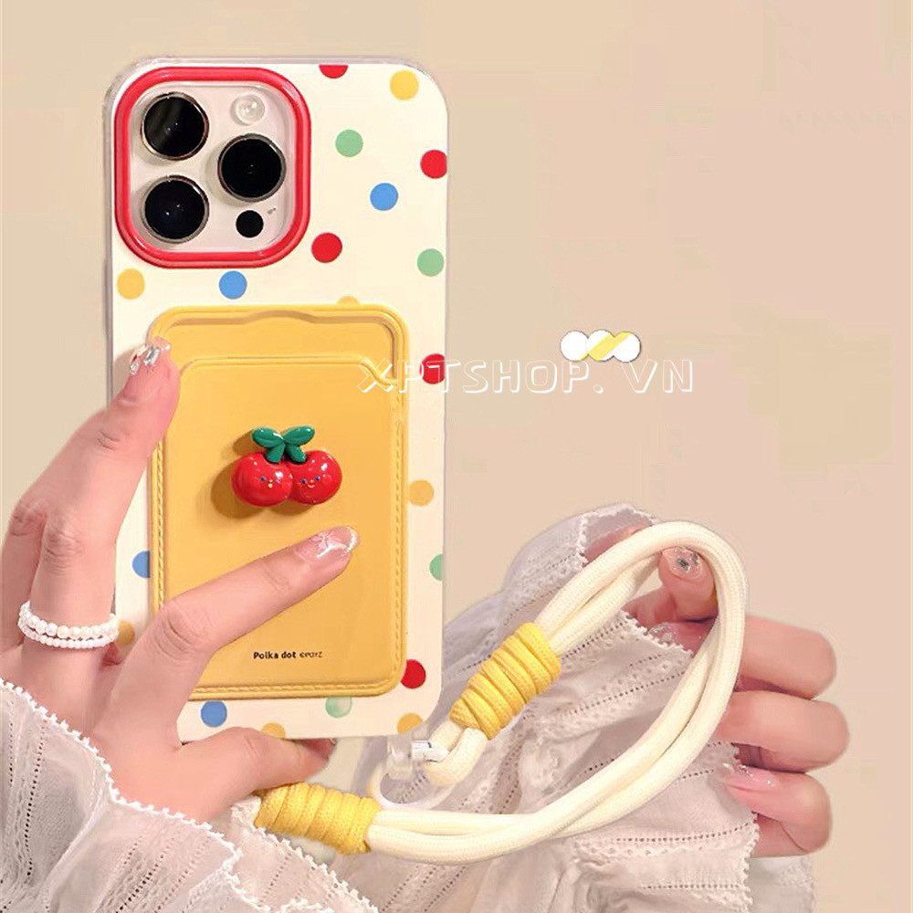 สามมิติ Cherry Dots การ์ดกระเป๋า Lanyard เคสโทรศัพท์สําหรับ iPhone 15 Pro Max 15 Pro 15 Plus 14 13 12 11 Pro Max ครอบคลุมเต็มรูปแบบกันกระแทกป้องกัน