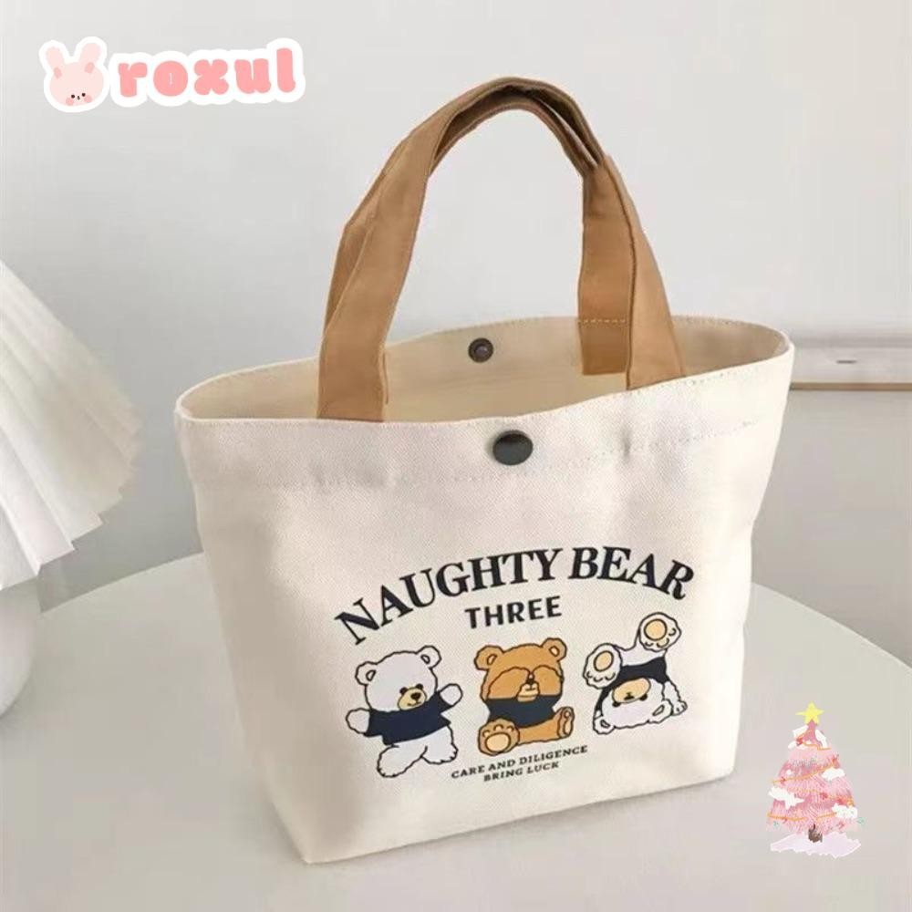 Roxul Canvas Tote Bag, กระเป๋าถือมินิผ้าแคนวาสลายการ์ตูน, กระเป๋าเดินทางถุงอาหารกลางวันความจุขนาดใหญ่สีพีชน่ารัก