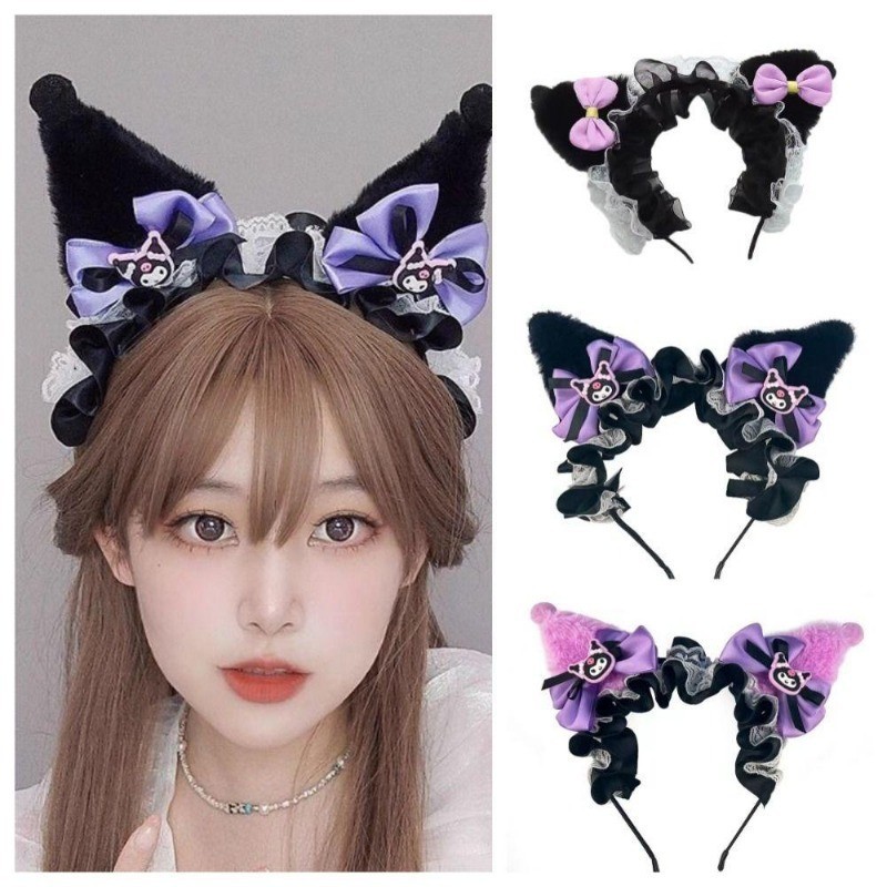 การ ์ ตูน Sanrio Kuromi แถบคาดศีรษะ Bowknot อะนิเมะ Kawaii อุปกรณ ์ เสริมผม Plush Headdress สาว