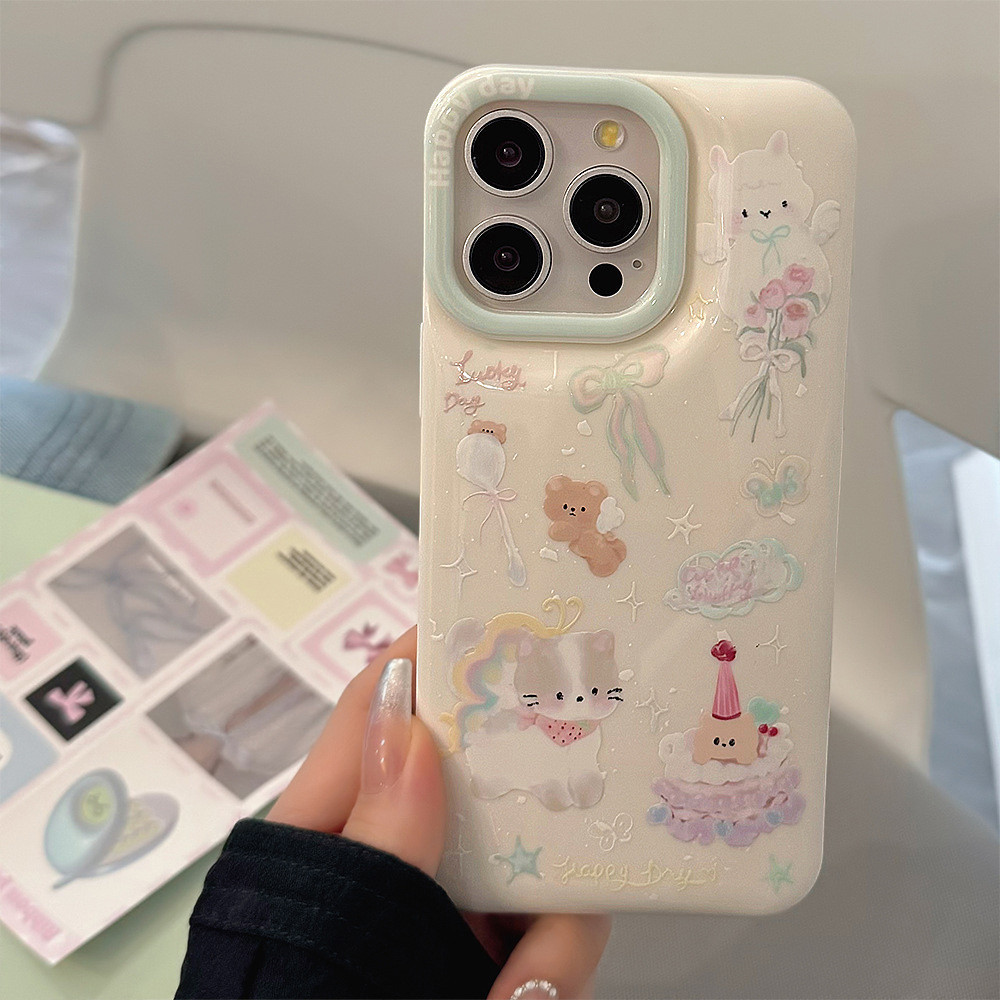 ฤดูร้อนแมวน่ารัก Stand Holder เคสโทรศัพท์สําหรับ IPhone 11 15 14 13 12 Pro Max X XR 8 7 Plus กันกระแทก Soft TPU ฝาหลัง