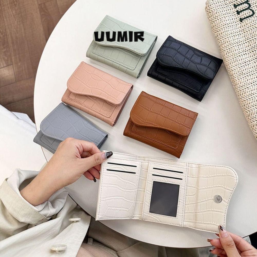 UUMIR กระเป๋าสตางค์ ใบสั้น หนัง PU ขนาดเล็ก น้ําหนักเบา ใส่บัตรได้หลายตําแหน่ง สีพื้น สําหรับผู้หญิง