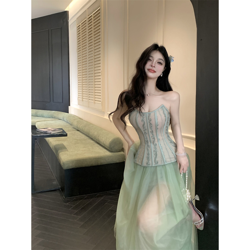Liasynn The Wizard of Oz Gorgeous Cool ปัก Fishbone Tube Top Gauze กระโปรงกระโปรงยาวคู ่ รุ ่ นแยก Order ~
