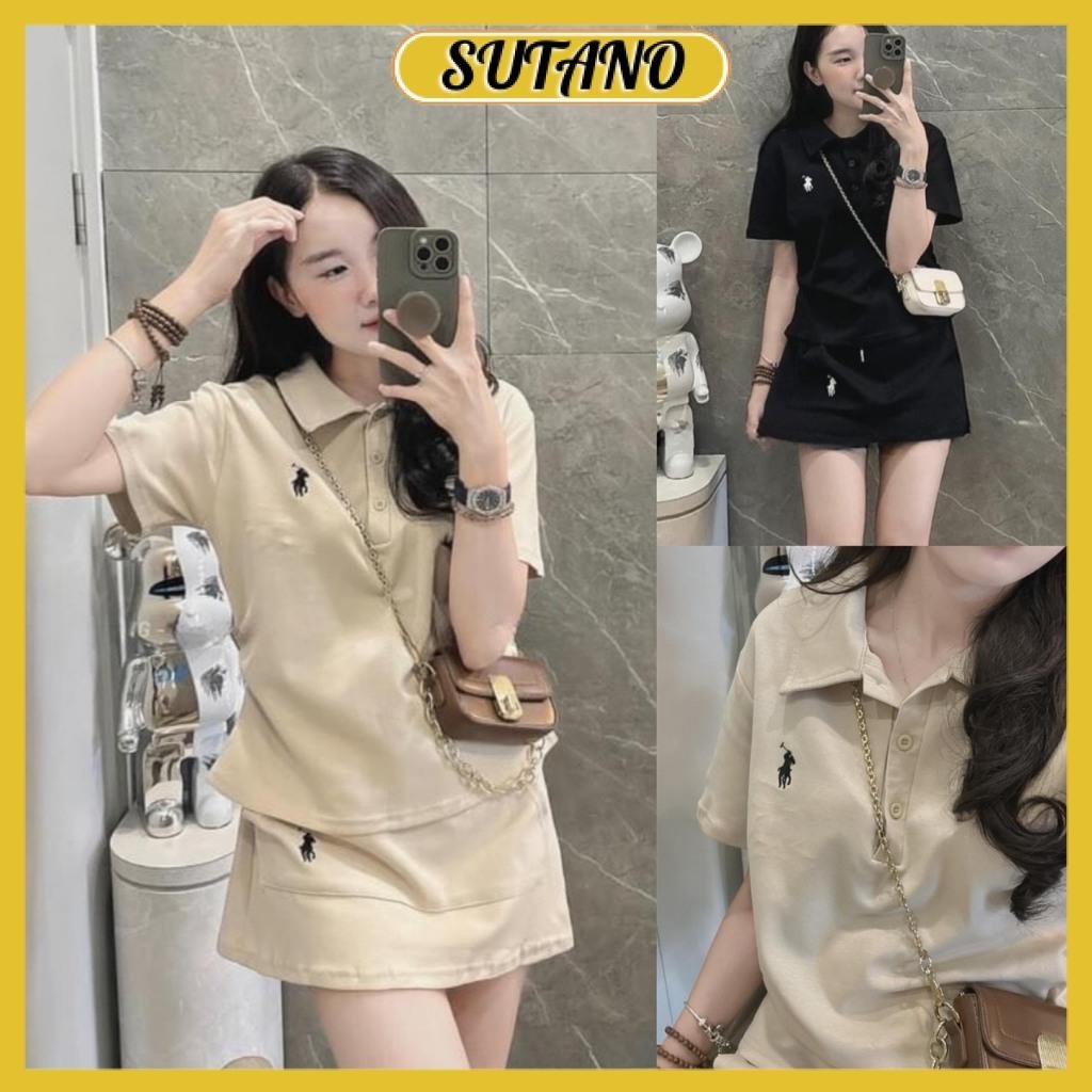 ชุดผู้หญิงเสื้อโปโลปักม้ากระดุมแขนสั้นผสมกระโปรงทรงเอและกระเป๋าลดวัย ข345 สุธาโน