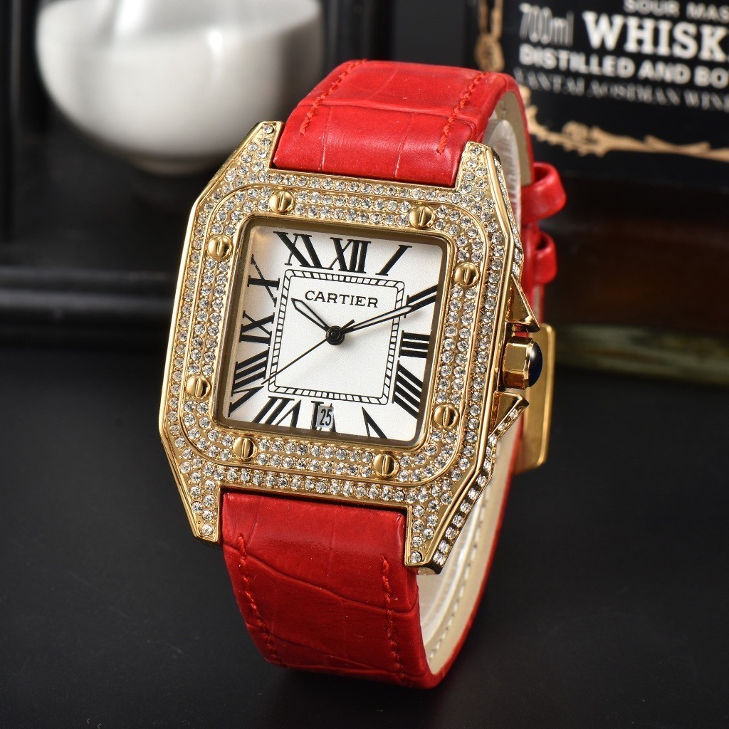 Cartier CARTIER Square Case สายหนังเพชร นาฬิกาผู้ชาย Rui Watch ys