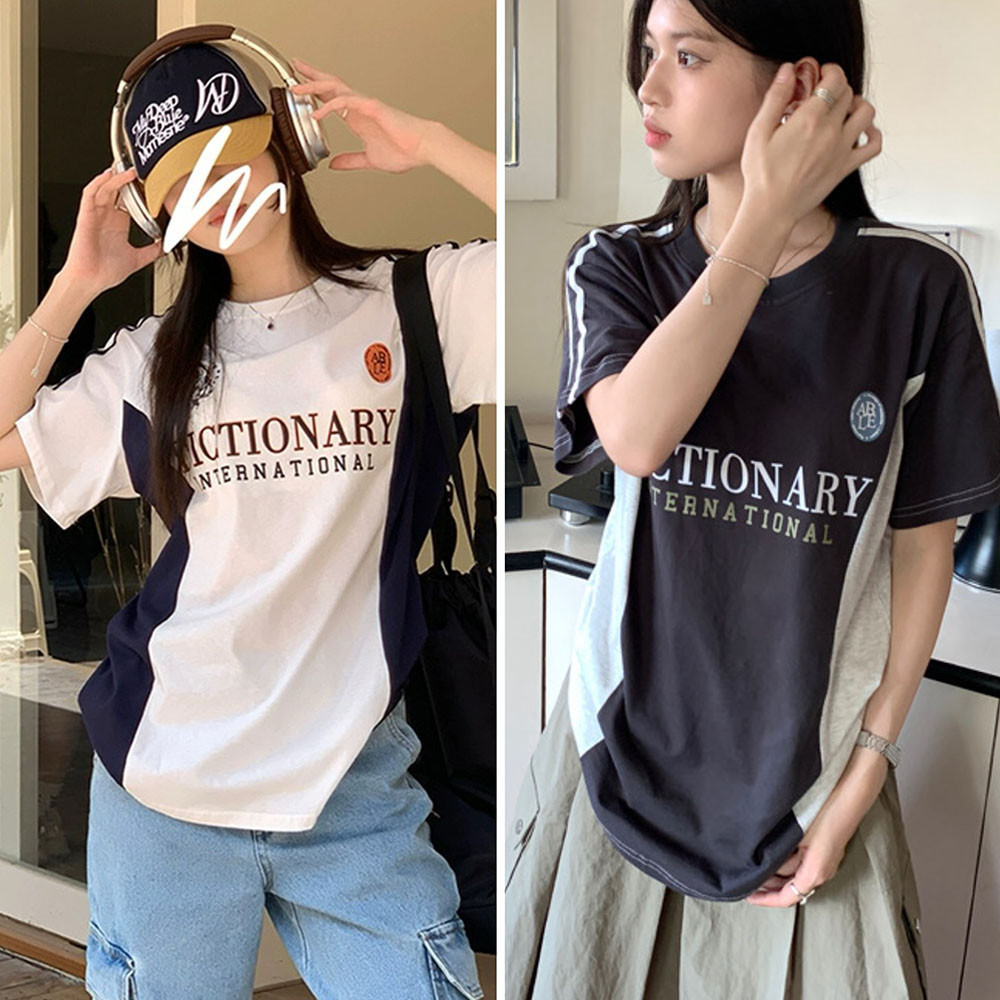 Betty House เสื้อยืด เสื้อซินเทจ แขนสั้นผู้หญิง เย็บปะติดปะต่อคอกลม สไตล์เรโทรอเมริกัน cintage