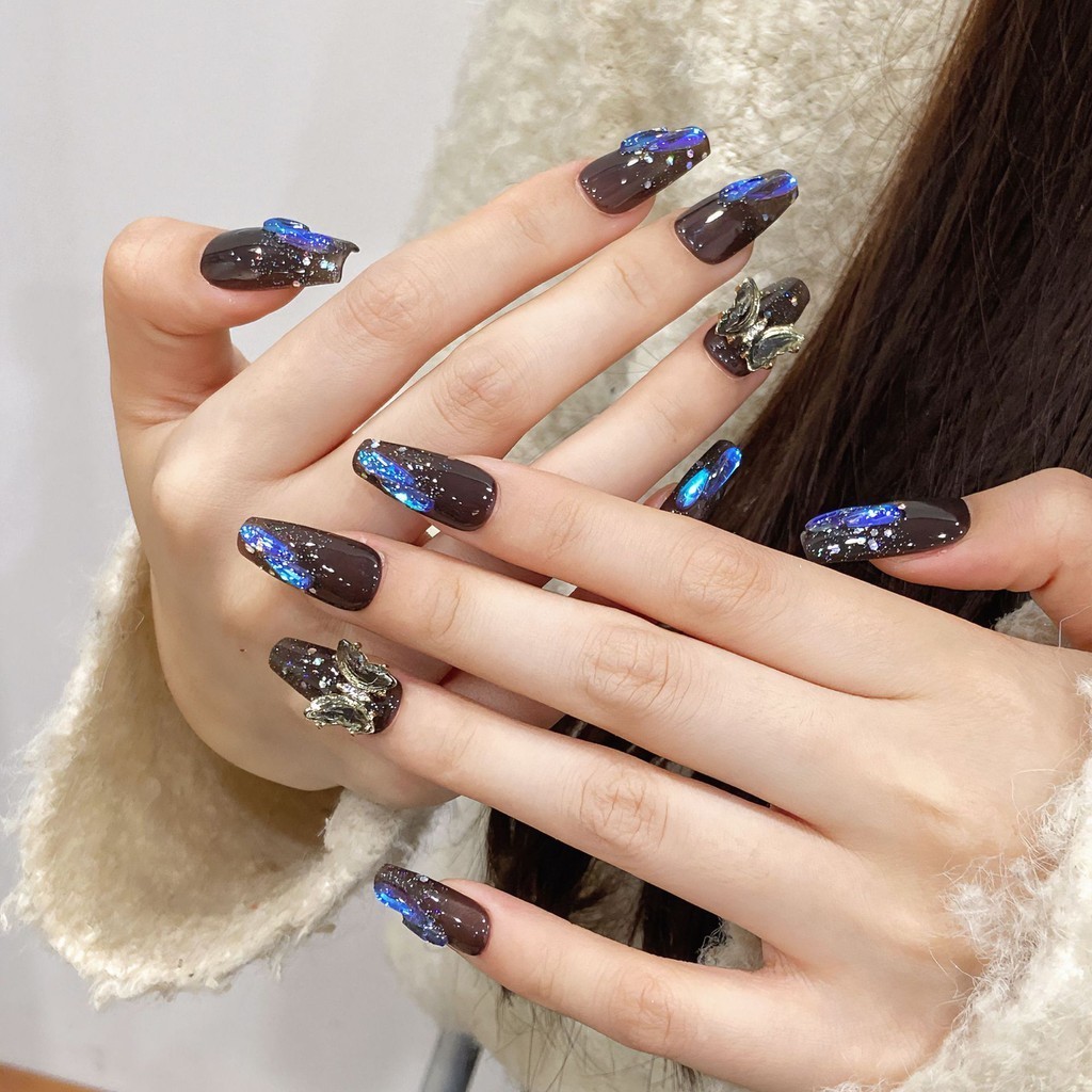 HANDMADEArtificial Nail Translucent Black Aurora Crystal Flashes Phototherapy Nails เล็บปลอมเล็บนํากลับมาใช้ใหม่และถอดได้