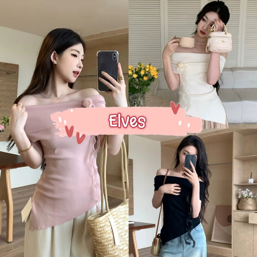 Elves พร้อมส่ง เสื้อไหมพรมเปิดไหล่ แขนสั้น ผ้าร่อง แถมเข็ดกีดดอกไม้ ~M2143~