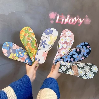 🍓EnJoy🍓 พร้อมส่ง (LT-FWR) รองเท้าแตะหูคีบ ดีเทลลายดอกไม้ เดินชายหาดใส่สบาย