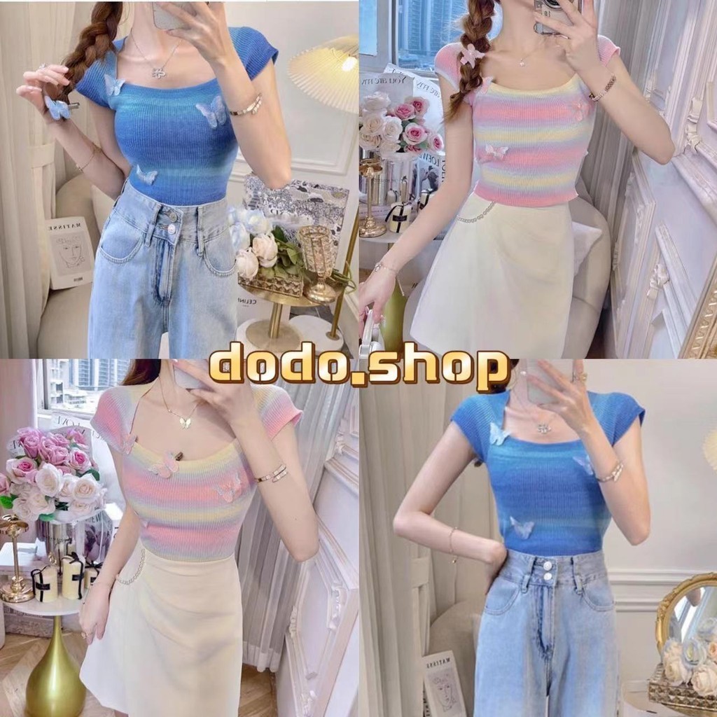DODOพร้อมส่งเสื้อครอป  สีพลาสเทล แขนสั้น คอเหลี่ยม งานผ้าถัก ดีเทลลายทางผีเสื้อ(13cx13-2）