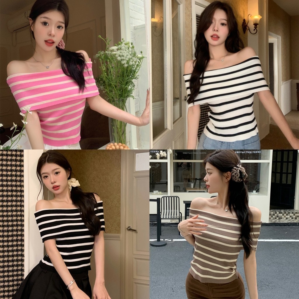 Evelyn เสื้อยืดผู้หญิง เปิดไหล่ ลายทาง ผ้าถัก ยืด ครอปแขนสั้น สไตล์เกาหลี #95161