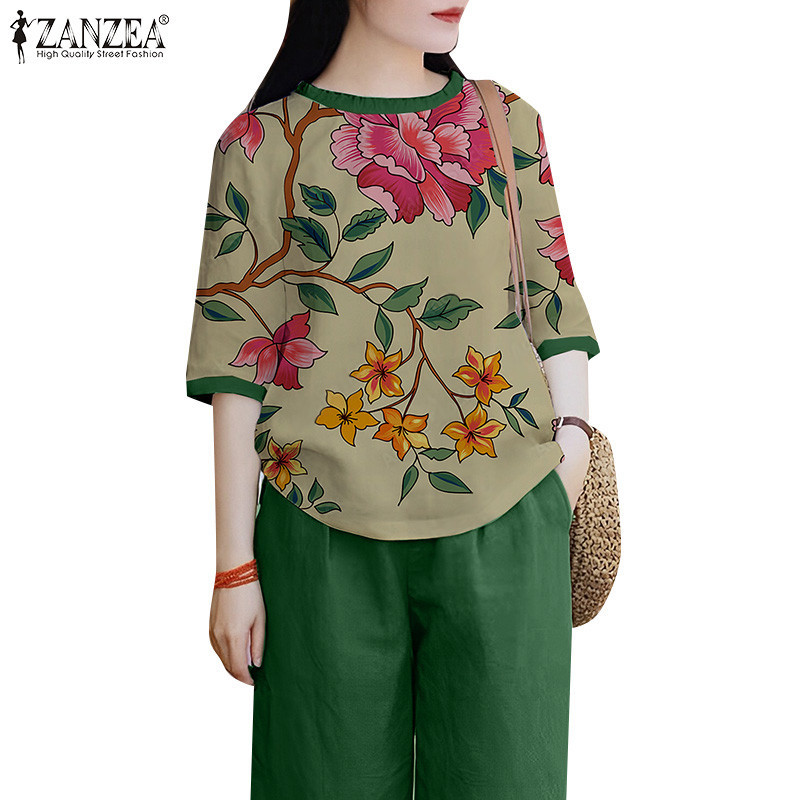 Zanzea ผู ้ หญิงเกาหลีพิมพ ์ สามในสี ่ แขนด ้ านข ้ างกระเป ๋ าท ็ อปส ์ กางเกง