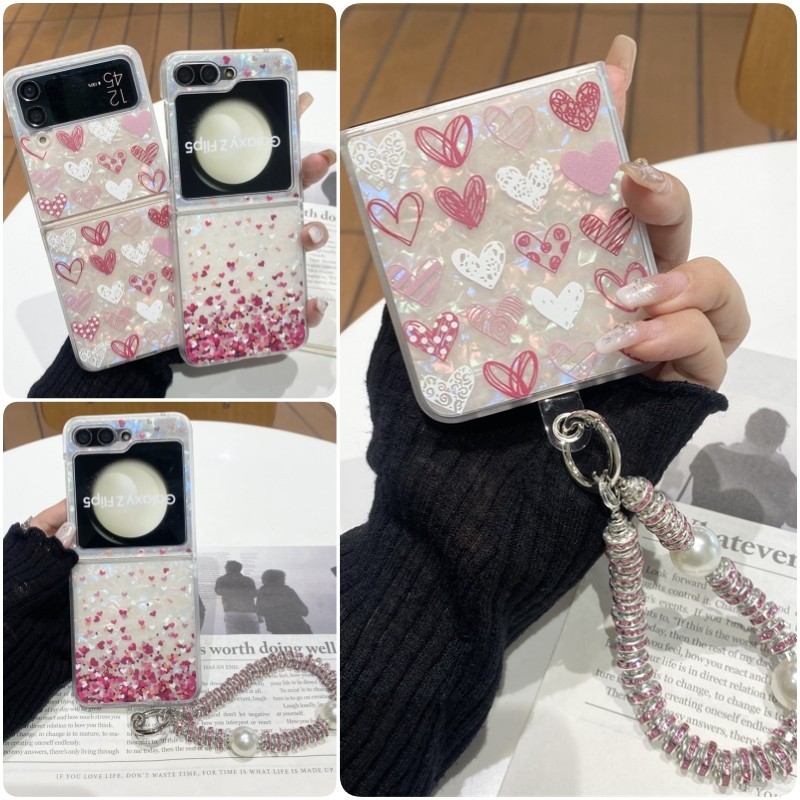 สร้อยข้อมือลายหัวใจแฟชั่นเคสแข็ง Samsung Galaxy Z Flip 7 Z Flip 6 Z Flip 5 Z Flip 4 Casing with Wrist Strap Shell Pattern Cover Shell
