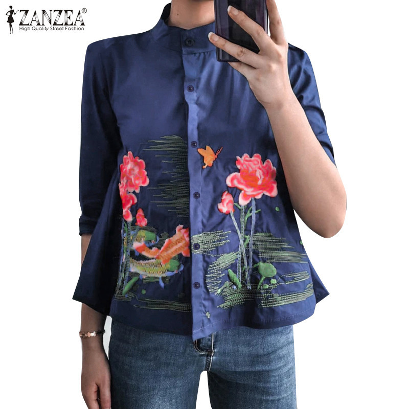 Zanzea เสื ้ อเบลาส ์ A-Line สําหรับผู ้ หญิงวินเทจ 3/4 แขนพิมพ ์ ลายปุ ่ ม A-Line