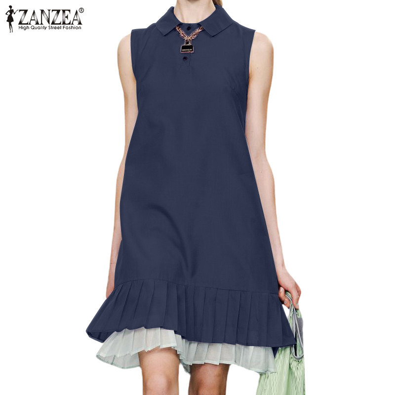 Zanzea ผู ้ หญิงแฟชั ่ นวินเทจเปิดคอ Contrast สีแขนกุด Shirtdress