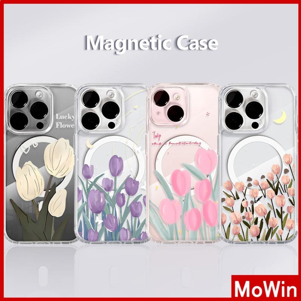 Mowin - สำหรับ iPhone 15 PRO MAX เคส iPhone 11 เสริมสร้างแม่เหล็กอะคริลิคใสกระดานแข็ง TPU กรอบนุ่มกันกระแทก ทิวลิป iPhone 14 13 Pro max 12 Pro Max 11 XR XS 7 8Plus max XS XR