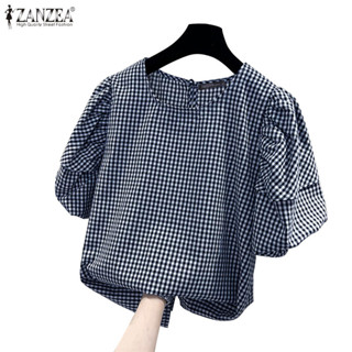 ZANZEA ซานเซีย ผู้หญิงเกาหลีหรูหรา โอ-คอ แขนสั้นลายสก๊อตเสื้…