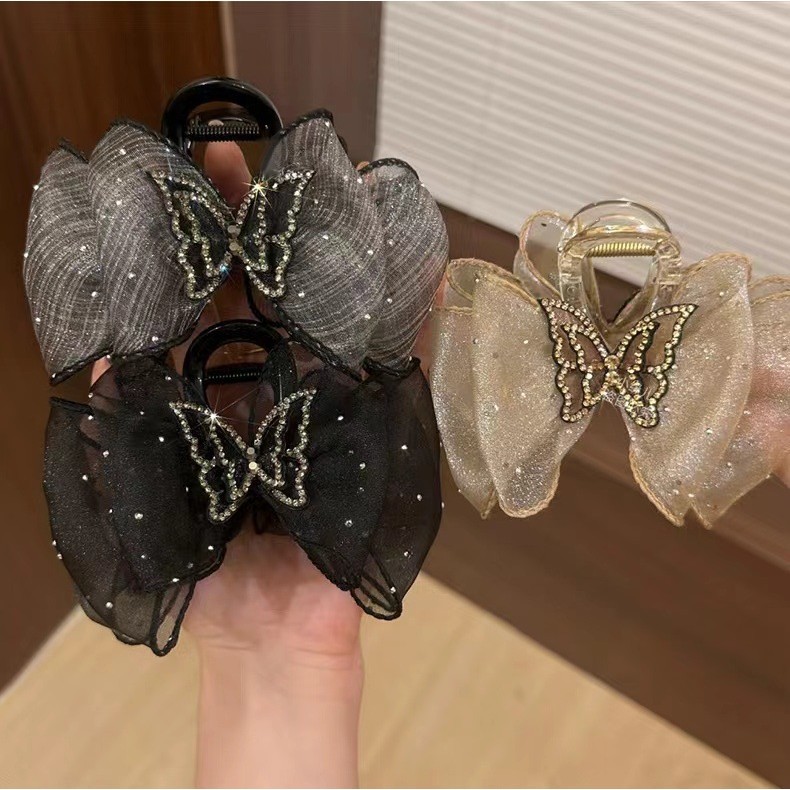 2024 Grab Clip Shiny Bow Rhinestone Gauze Bubble Shark Clip