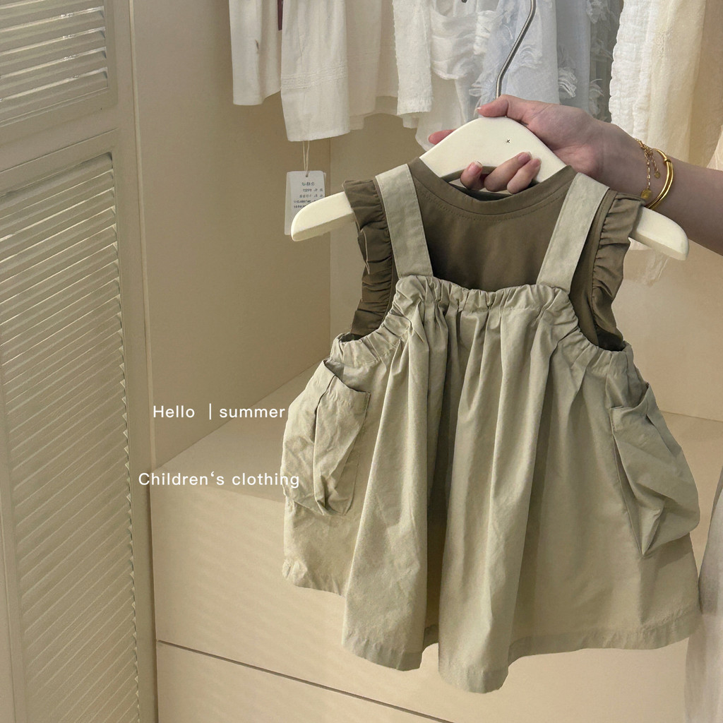 เวอร์ชั่นเกาหลีเสื้อผ้าเด็กหญิง ชุดทํางาน สไตล์ชุดกระโปรงสายรัดฤดูร้อนสไตล์ใหม่สบายๆชุดเด็กชุดฤดูร้อน