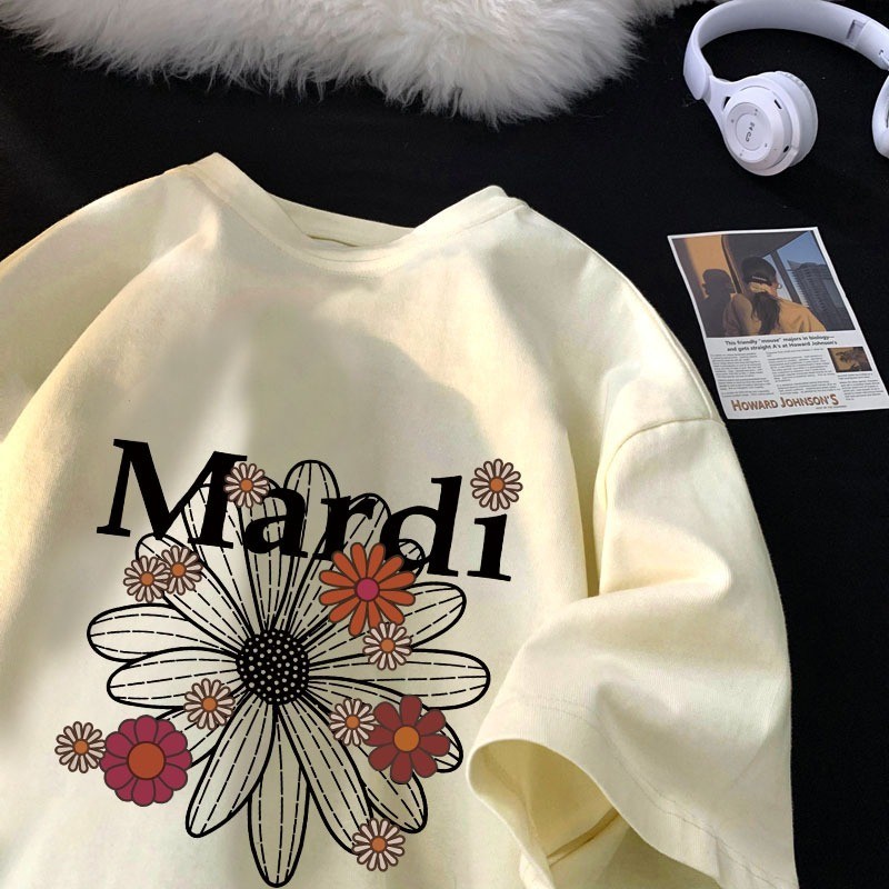 Pofloret เสื้อmardi ผ้าฝ้าย100% เสื้อยืดแขนสั้นพิมพ์ลายหลวม ใส่ได้ทั้งชายและหญิง #T1780