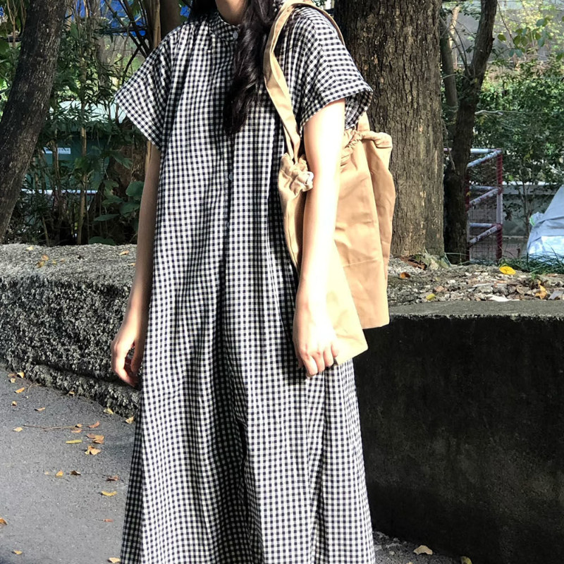 IELGY สไตล์ญี่ปุ่นแขนสั้นลายสก๊อตชุดผู้หญิงหลวมกลางความยาวแฟชั่นเสื้อชุด - รูปที่ 6