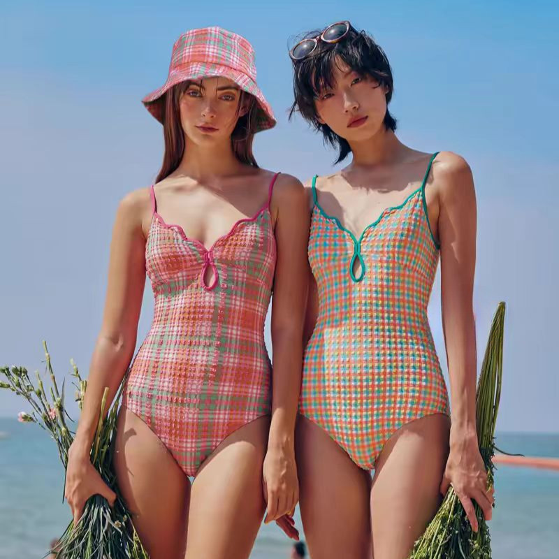 Gwenny M-XL ชุดว่ายน้ำวินเทจของผู้หญิงลายสก๊อตสไตล์เกาหลีฟั่นชุดว่ายน้ำชิ้นเดียวกับกระโปรงครึ่งตัว