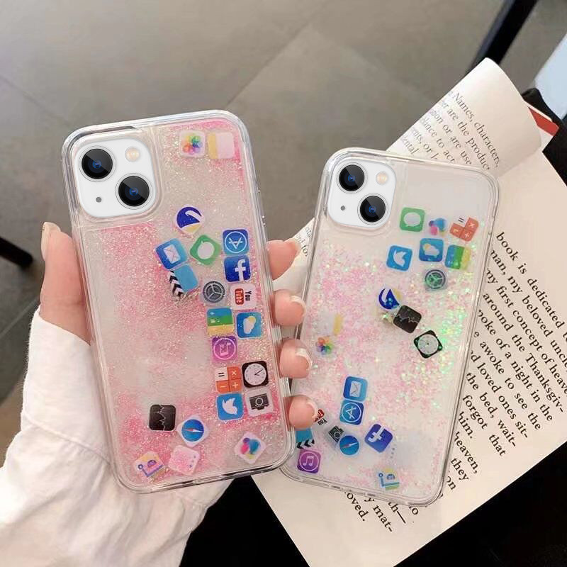 เคสโทรศัพท์มือถือ แบบใส มีทรายไหล แต่งกลิตเตอร์ไอคอน แอพไดนามิก สําหรับ iPhone 14Pro Max 13 12 11 XR