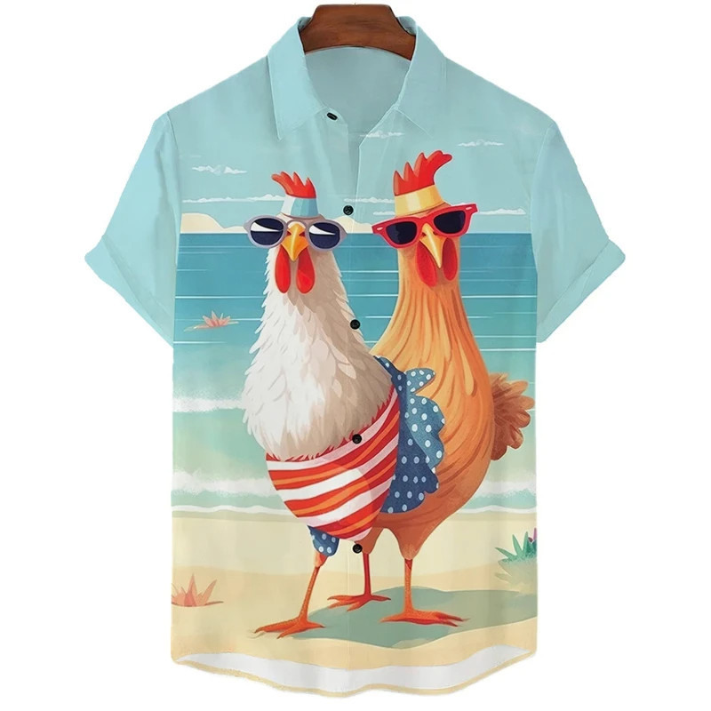 เสื้อเชิ้ตผู้ชายชายหาดไก่ 3ง พิมพ์เสื้อผ้าผู้ชายขนาดใหญ่ฤดูร้อนสบายๆฮาวายชายหาดฮาวายฮาราจูกุแฟชั่นวันหยุดเสื้อ