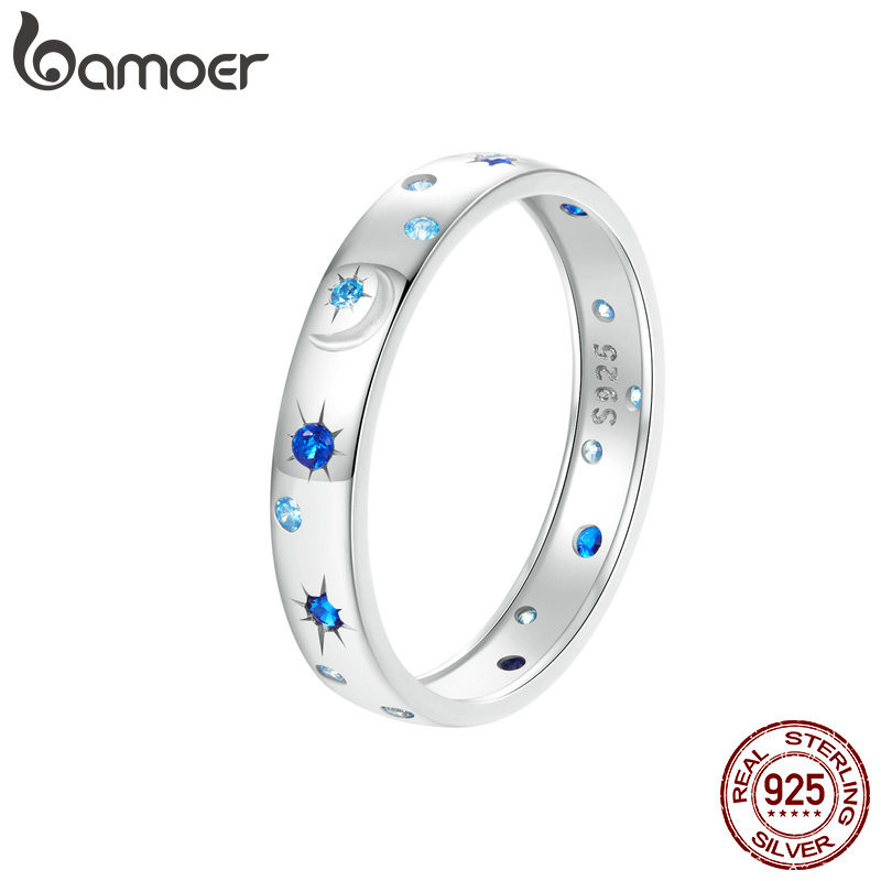 Bamoer 925 Sterling Sliver Ring Star and Moon ของขวัญเครื่องประดับแฟชั่นสําหรับผู้หญิง